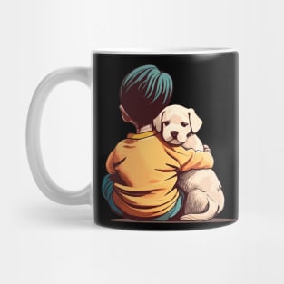 a little child with a cute dog in his arms Mug